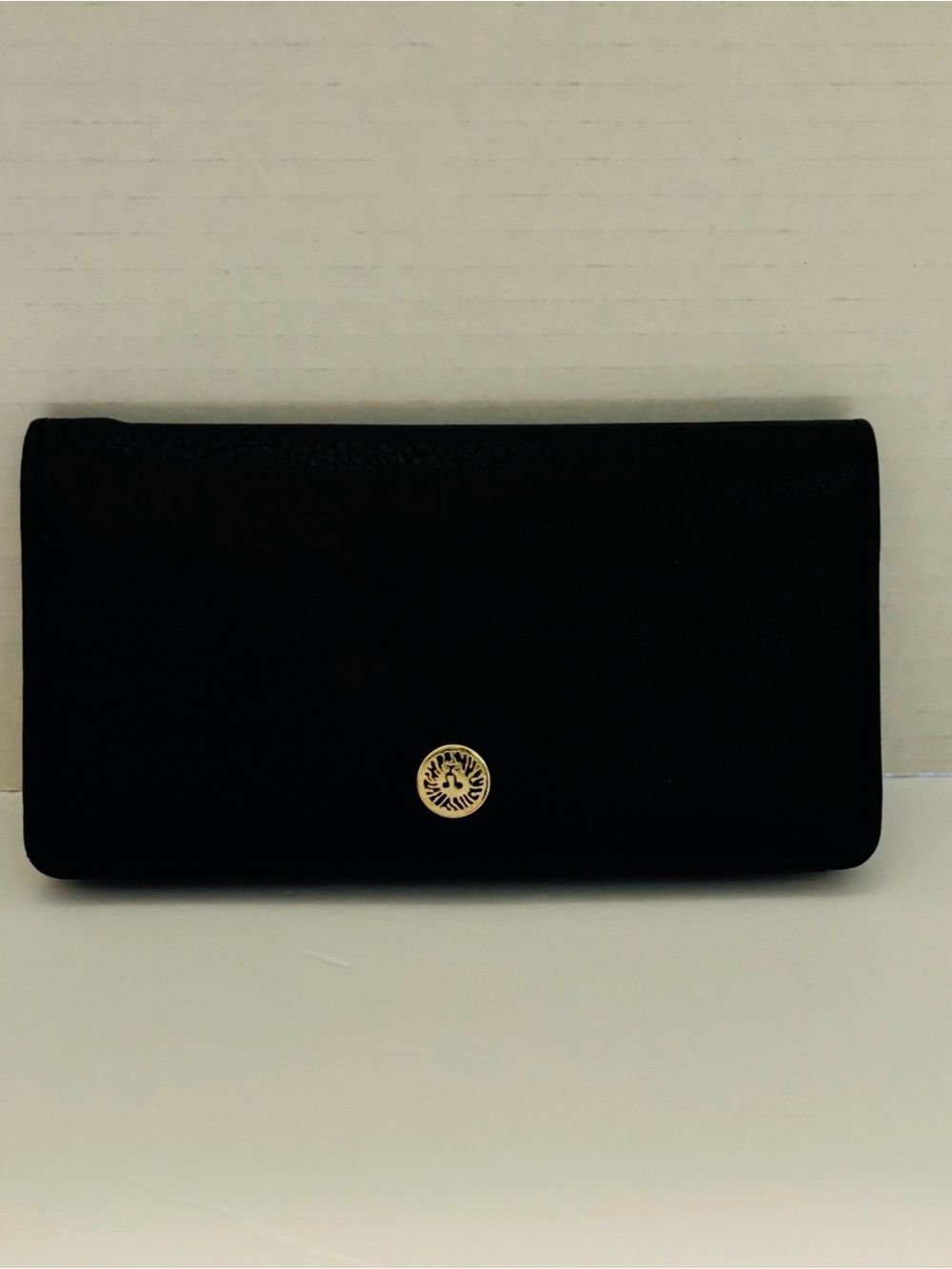 Anne Klein Black Leather Wallet with Gold Logo Accent